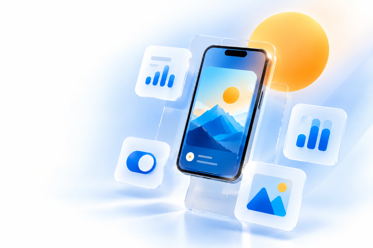 Smartphone flotante rodeado de paneles translúcidos con gráficos e iconos de interfaz